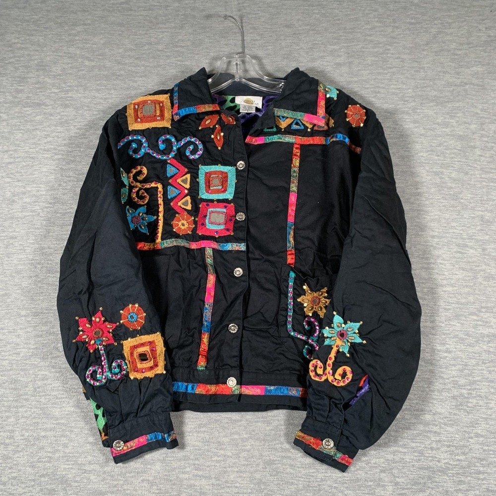 Vintage Sandy Starkman Jacket Womens Small Black Embroidered Boho Colorful Art‎